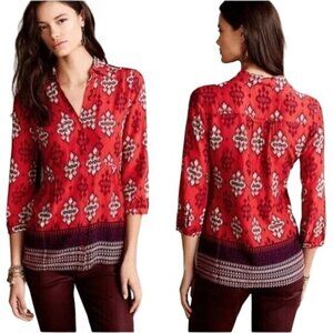 Anthropologie Maeve Womens Red Woodland Walk Tribal Button Down Shirt Blouse 12